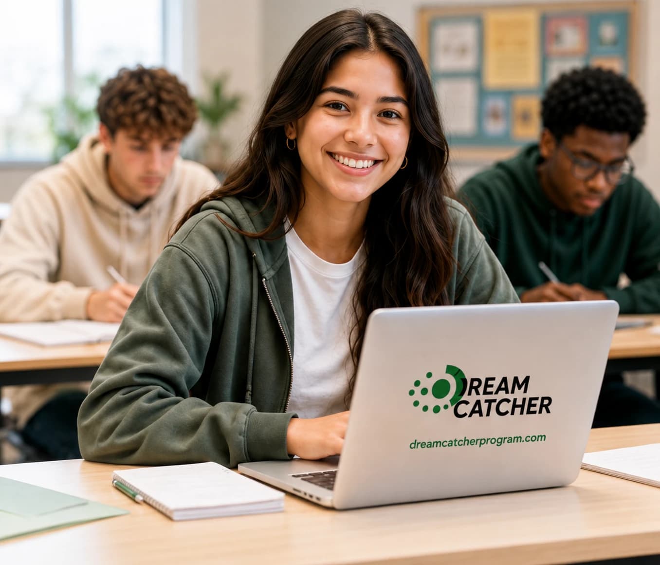 A charter school student smiling at her desk with a Dream Catcher laptop
