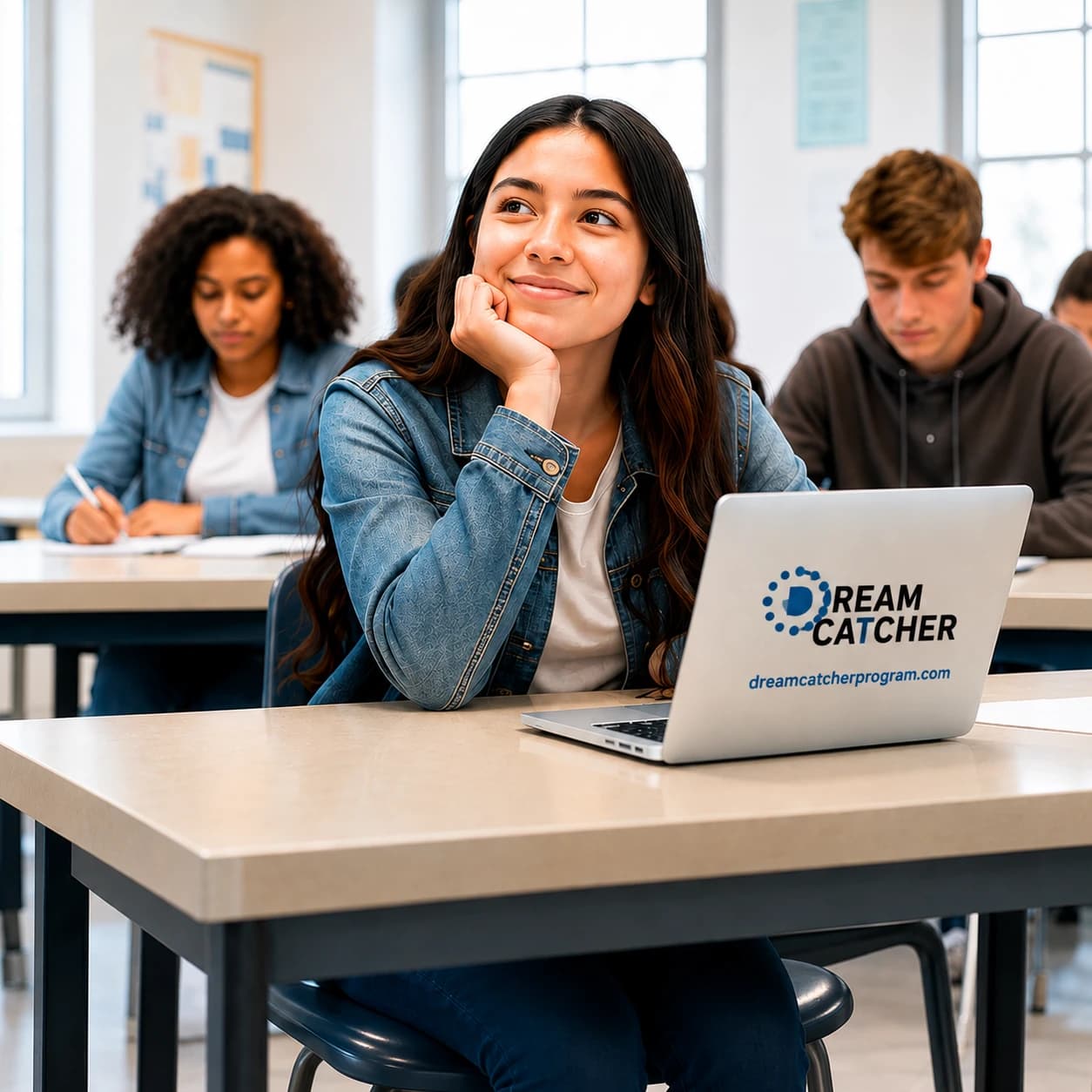 A high school student at her classroom desk beside a Dream Catcher laptop