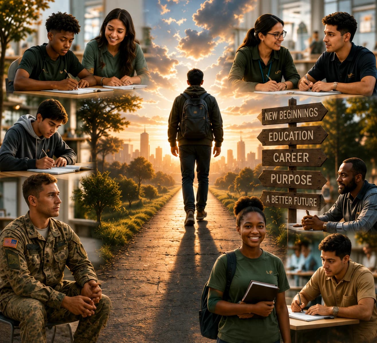 Learners in alternative education, expanded learning and military transition programs, and a signpost pointing to new beginnings, education, career, purpose and a better future